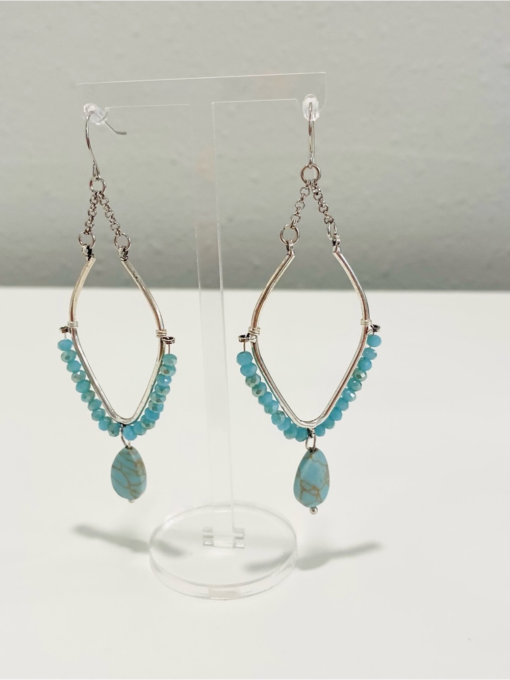 Premier Designs Silvertone Earrings with Faux Turquoise Beads and Drop Stones